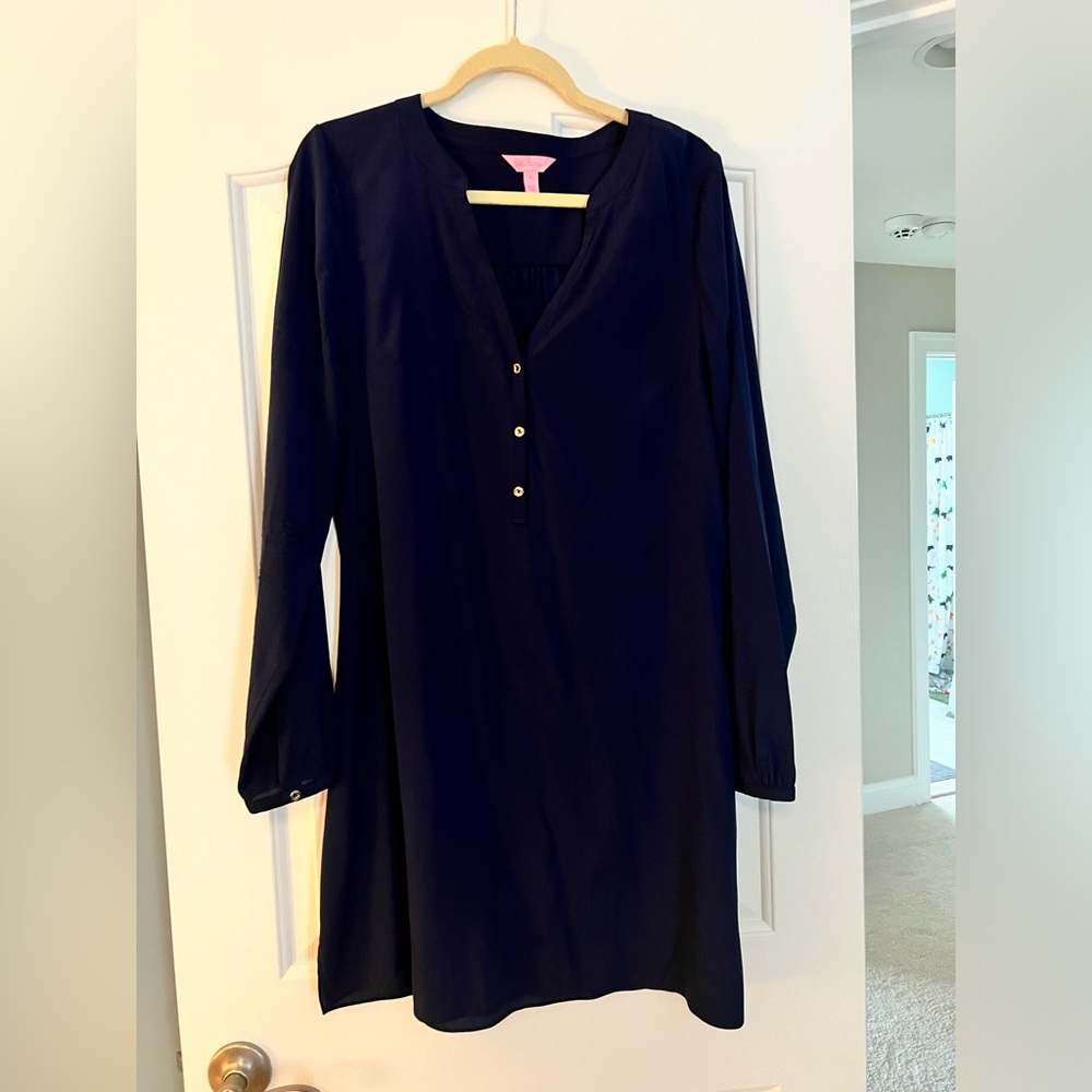 Lilly Pulitzer Navy Delphine Stretch Silk Tunic Size L